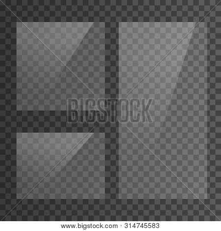 Glass Plate Set On Transparent Background. Clear Glass Showcase. Realistic Window Mockup. Reflecting