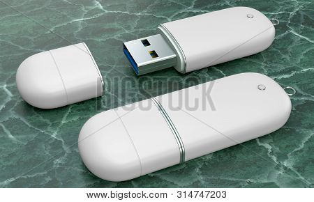 3d Render Illustration Of A Flashdrive Mockup On Green Marble Background. Perspective View.