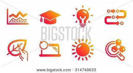 Recovery Laptop, Sunny Weather And Methodology Line Icons Set. Graduation Cap, Trade Infochart And O