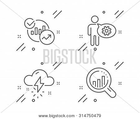 Cogwheel, Statistics And Thunderstorm Weather Line Icons Set. Seo Analysis Sign. Engineering Tool, R