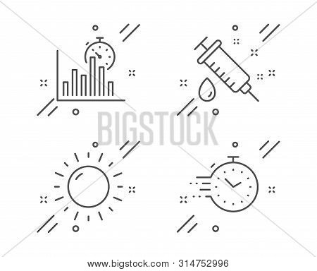 Medical Syringe, Report Timer And Sunny Weather Line Icons Set. Timer Sign. Vaccination, Growth Char
