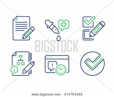 Article, Algorithm And Chemistry Pipette Line Icons Set. Project Deadline, Checkbox And Verify Signs