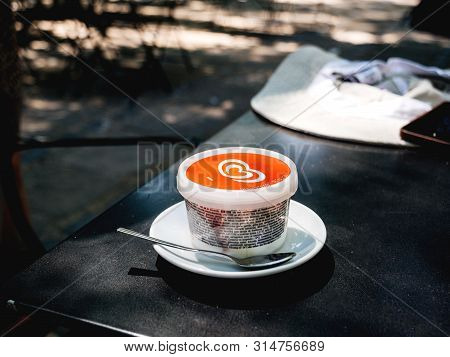 Barcelona, Spain - Jun 1, 2018: Heartbrand Frigo Algida Good Humor Ice Cream In Tea Plate With Spoon