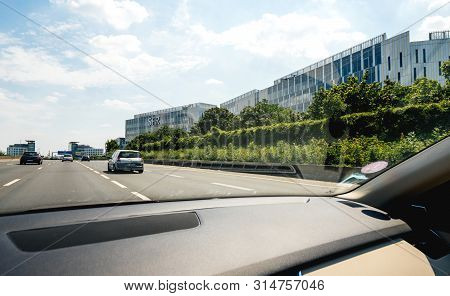 Paris, France - Jul 15, 2019: View From The Car At Wide Office Buildings Headquarters With Sfr Logot
