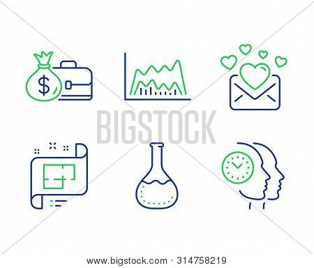 Trade Chart, Love Mail And Chemistry Lab Line Icons Set. Salary, Architectural Plan And Time Managem