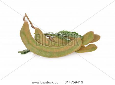 Fresh Young Tamarind With Stem And Leaves On White Background