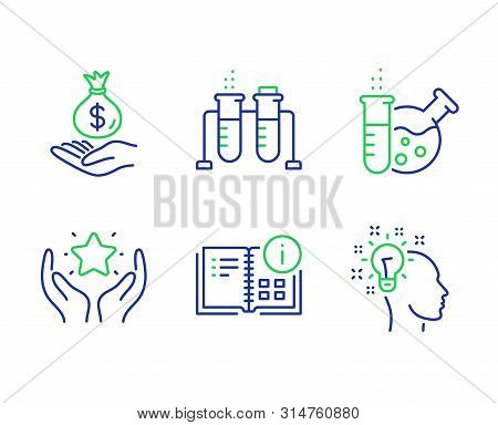 Instruction Info, Chemistry Lab And Income Money Line Icons Set. Ranking, Chemistry Beaker And Idea 