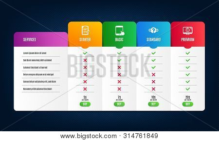Tablet Pc, Approved Checklist And Quiz Test Icons Simple Set. Price List, Pricing Table. Seo Timer S
