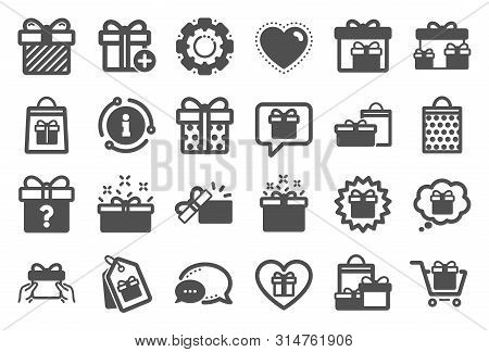 Gift Icons. Present Box, Offer And Sale. Shopping Cart, Tag And Chat. Speech Bubble, Give A Gift Box