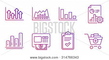 Graph Chart, Atm And Histogram Line Icons Set. Infographic Graph, Checklist And Upper Arrows Signs. 