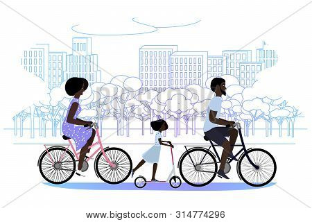 Black Family In The Park Riding Bicycles On Outline Backdrop