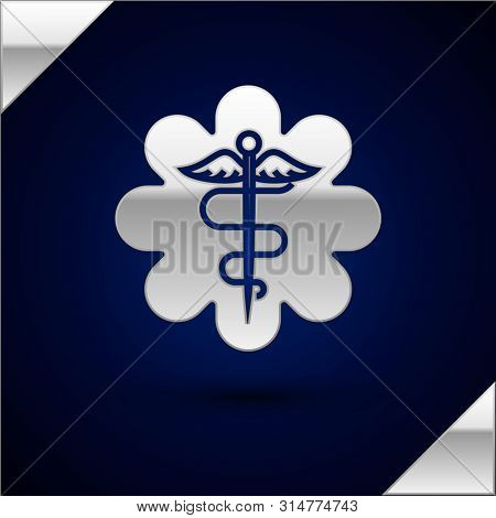 Silver Emergency Star - Medical Symbol Caduceus Snake With Stick Icon Isolated On Dark Blue Backgrou