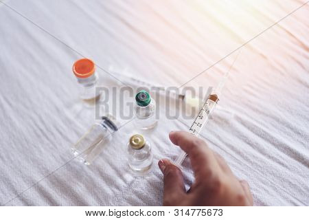 Syringe Medication Injection And Needle In Hand Nurse Asian For Giving Patient Vaccine Prophylactic 