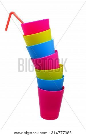 Plastic Cups And Straw On White Background