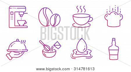 Water Splash, Coffee Maker And Restaurant Food Line Icons Set. Cappuccino, Coffee Beans And Cooking 