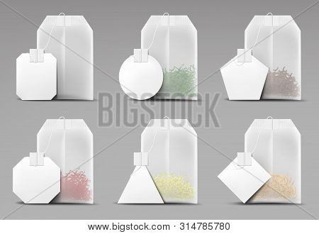 Tea Bags Set Isolated On Grey Background, Teabags Collection Of Blank Mockup, Green, Red, Yellow Dry
