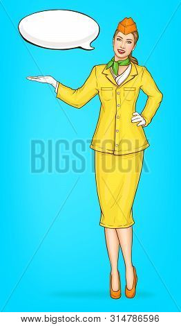Pop Art Stewardess, Flight Attendant, Air Hostess Girl In Yellow Uniform With Cap, Green Handkerchie