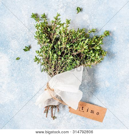 A Bunch Of Fresh Thyme Wrapped In Paper, Timo In Italian, Square