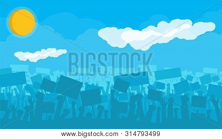 Silhouette Of Cheering Or Riot Protesting Crowd With Flags And Banners. Protest, Revolution, Demonst