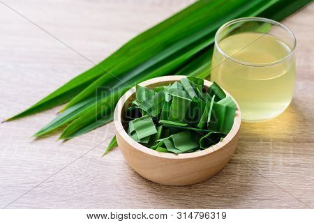 Sliced Pandan Leaf In A Bowl And Pandan Drink, Healthy Drink