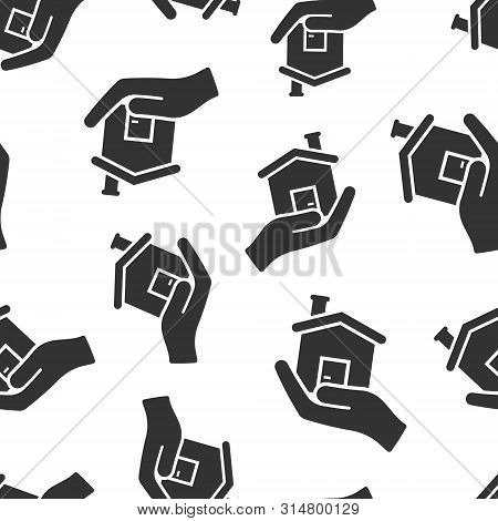 Home Care Icon Seamless Pattern Background. Hand Hold House Vector Illustration On White Isolated Ba