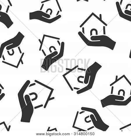 Home Care Icon Seamless Pattern Background. Hand Hold House Vector Illustration On White Isolated Ba