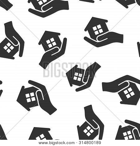 Home Care Icon Seamless Pattern Background. Hand Hold House Vector Illustration On White Isolated Ba