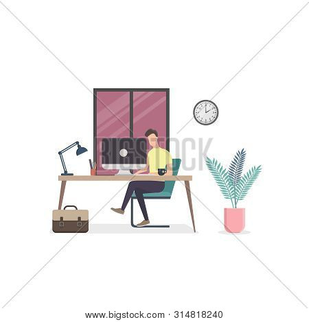 Flat Illustration Of Workplace. The Young Man Works In The Office. Desk, Computer And Cup Of Tea. In