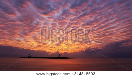 Amazing Dramatic Sunrise Sky View. Beach Nature Landscape Scenery With Beautiful Colorful Morning Sk