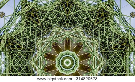 Panorama Very Busy Patterned Photo Created From The Shapes Of A Green Bridge In California