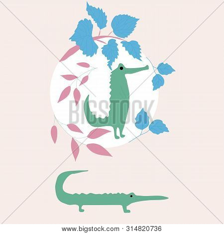 Cute Crocodile And Flowers  Illustration. Vector Elements