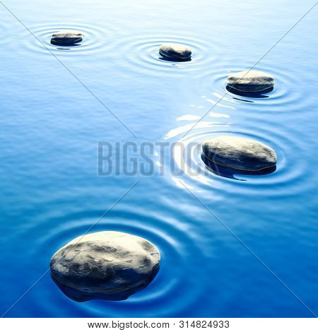 pebble stones in water with ripples background 3D illustration