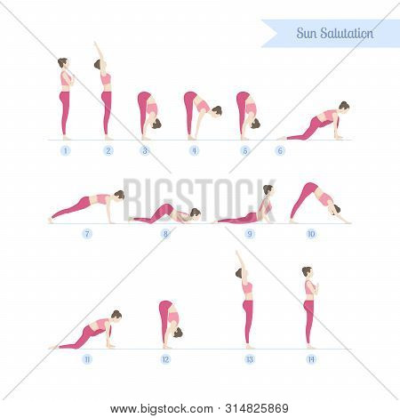 Yoga Practicing Set. Steps To Sun Salutations, Or Surya Namaskar, Are Traditionally Performed In The