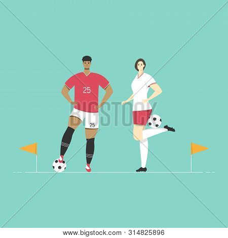 Character Flat Sport Design. Soccer Players Are Standing With The Soccer Corner Flags.