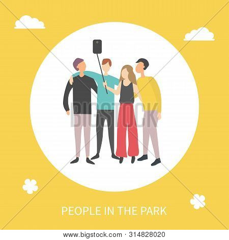 People In Park Vector, Man And Woman Taking Photo On Smartphone With Help Of Selfie Stick And Camera