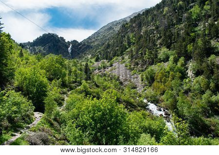 Landscape With Waterfall In The Mountains In Summer At Parc Natural Del Comapedrosa, Arinsal, Andorr