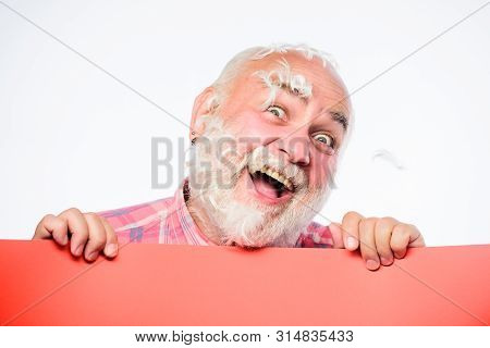 Funny Pensioner Going Crazy. Advertisement Concept. Pillow Party. Soft Feathers On His Cheeks. Facia