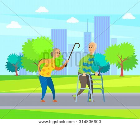Elderly Male Vector, Disabled Man In Green Sweater Looks Back On Angry Old Lady With Wooden Stick, Q