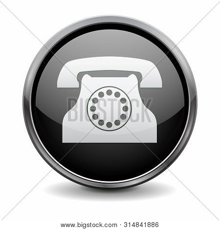 Black Round 3d Button. Phone Sign. Vector Illustration On White Background