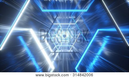 Flying Through Glowing Neon Hexagon Creating A Tunnel With Grunge Reflection, Blue Spectrum, Fluores
