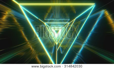 Flying Through Glowing Neon Triangles Creating A Tunnel With Grunge Reflection, Fluorescent Ultravio