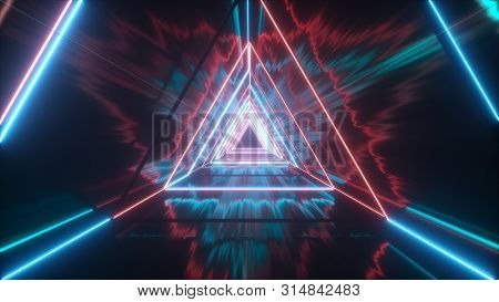 Flying Through Glowing Neon Triangles Creating A Tunnel With Grunge Reflection, Blue Red Spectrum, F