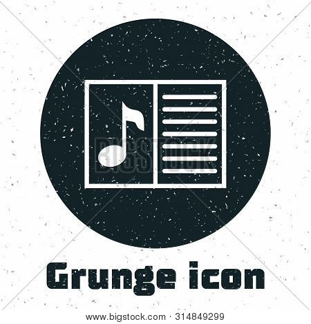 Grunge Music Book With Note Icon Isolated On White Background. Music Sheet With Note Stave. Notebook
