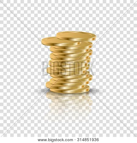 Realistic Golden Coins Stack On Transparent Background. 3d Coin Money Stacked, Gold Penny Cash Pile.