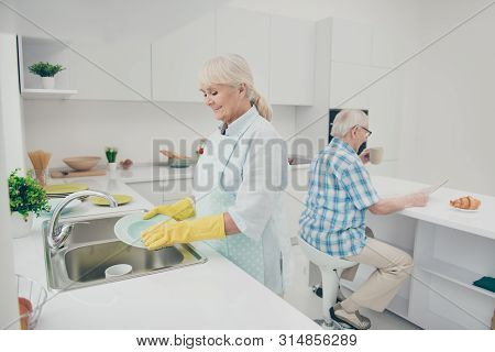 Portrait Of Nice Cute Old Lady Hold Hand Polishing Drying Plates Wet Hands Enjoy House Work Have Kit