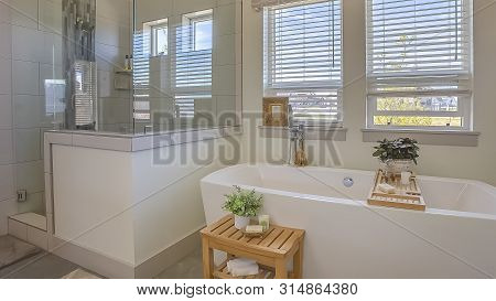 Panorama Bathtub And Shower Stall In Front Of Windows With Valance And Blinds