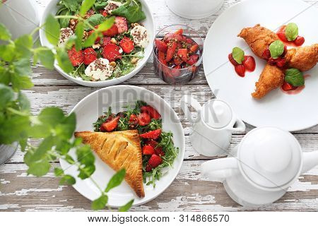 Strawberry Dishes. Puff Pastry With Ricotta, Curd And Strawberry Salad, Strawberries In Balsamic Vin