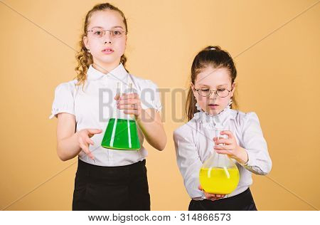 Children Study At Biology Lesson. Knowledge And Education. Science Research In Lab. Back To School. 