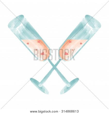 Two Glasses Of Champagne. Merry Christmas And Happy New Year Concept. Vector Illustration