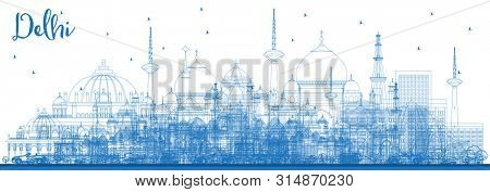 Outline Delhi India City Skyline with Blue Buildings. Business Travel and Tourism Concept with Historic Architecture. Delhi Cityscape with Landmarks.